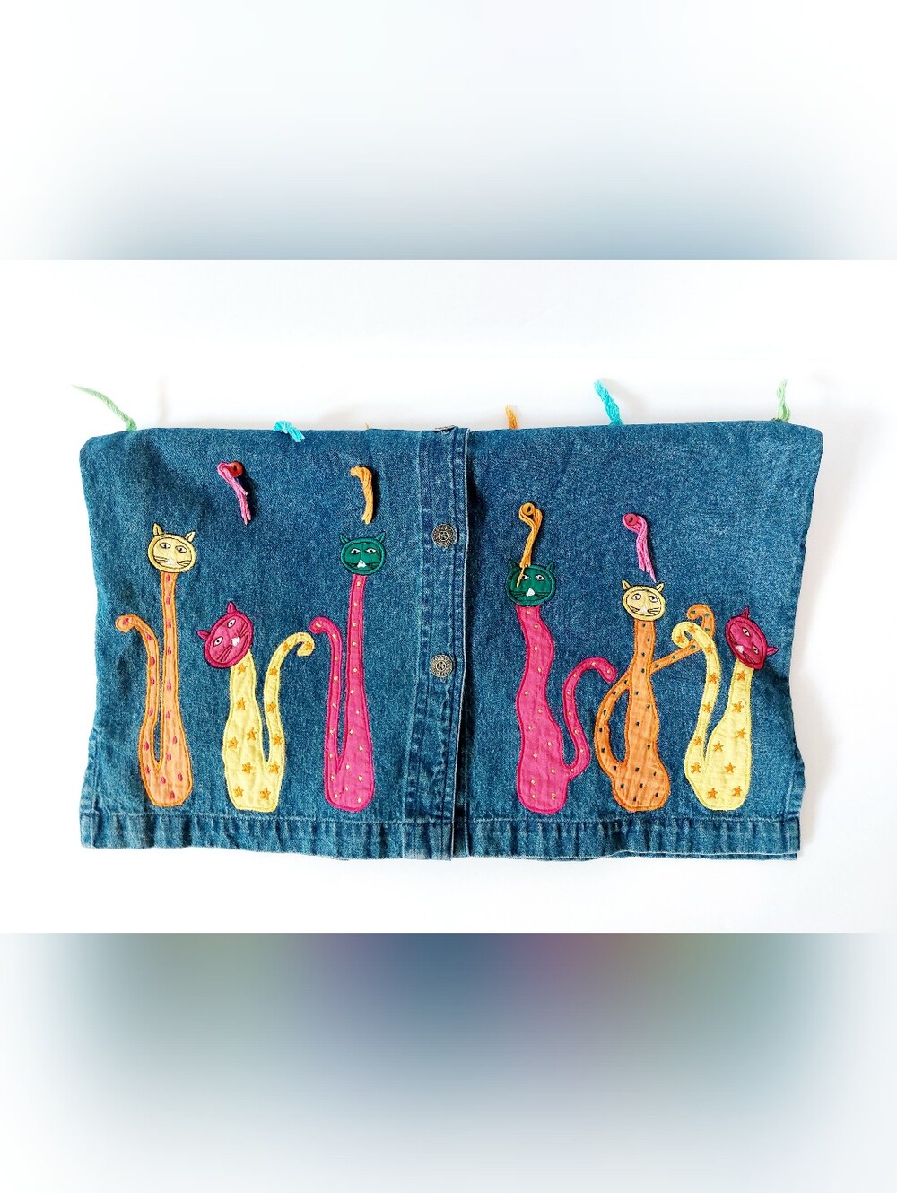 Tall Neon Cat Denim Vest Large Boho Tassel Cottagecore Teacher Granny Kitty 90s - Picture 3 of 6